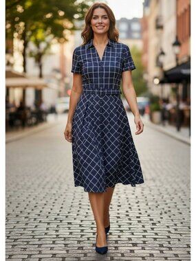 Brooks Brothers Womens Navy White Grid Belted Shirt Dress 10 Short Sleeve Cotton
